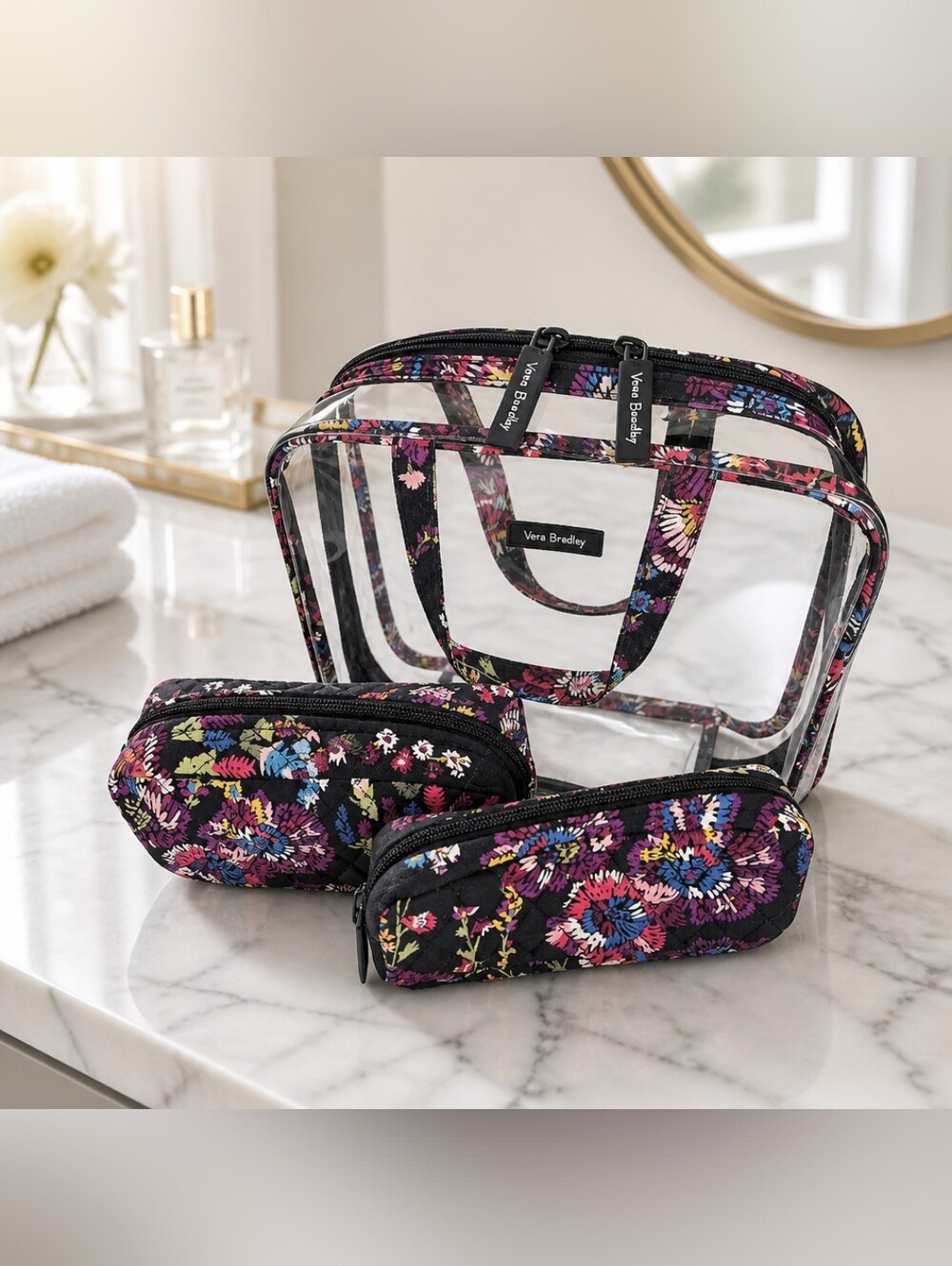Vera Bradley Iconic 3 Piece Cosmetic Set in the Midnight Wildflowers